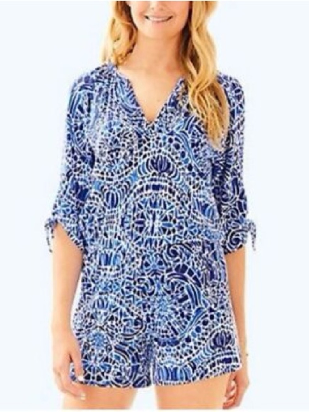 Lilly Pulitzer Bryce Navy White romper with Royal Blue Abstract Print
